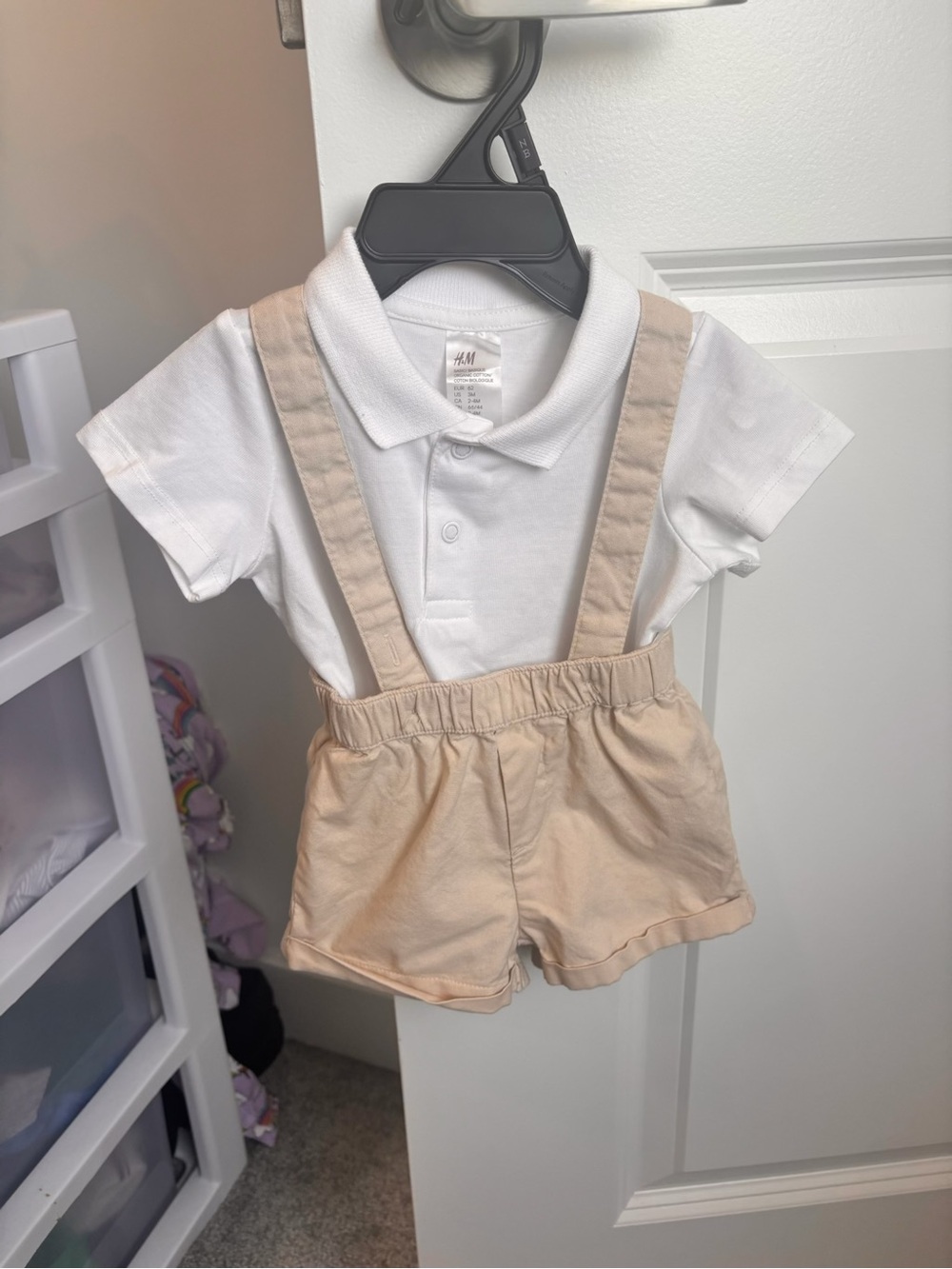 H&M White Polo with Beige Suspender Shorts